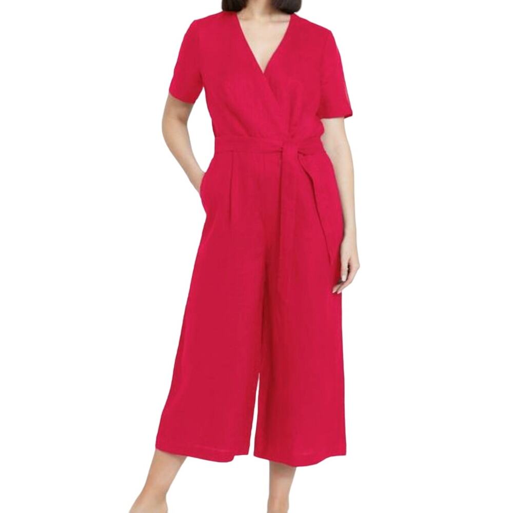 100% Linen Sz 8 Hot Pink Wide Leg Jumpsuit with Pockets Belted Natural Fibers - Picture 3 of 15